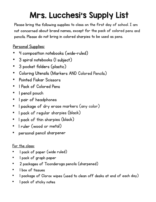 Lucchesi Supply List